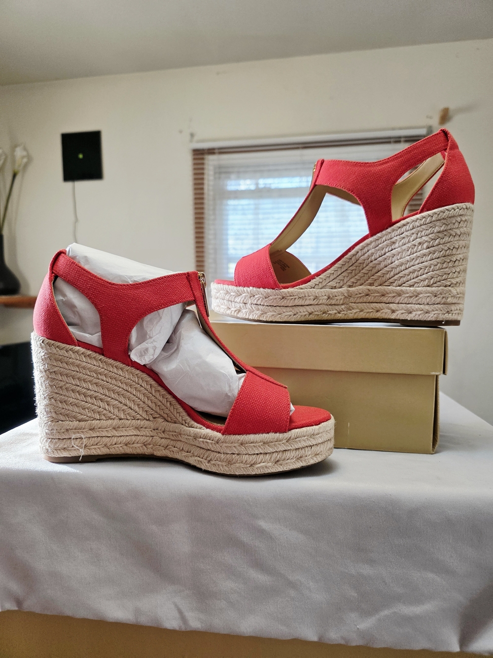 Michael Kors Berkley Mid Wedge Canvas Sandal In Spiced Coral Size 8.5M